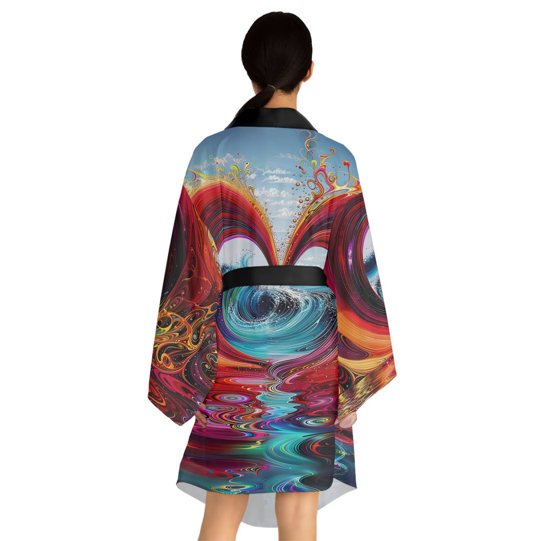 Vibrant Heart Waves - Long Sleeve Kimono Robe