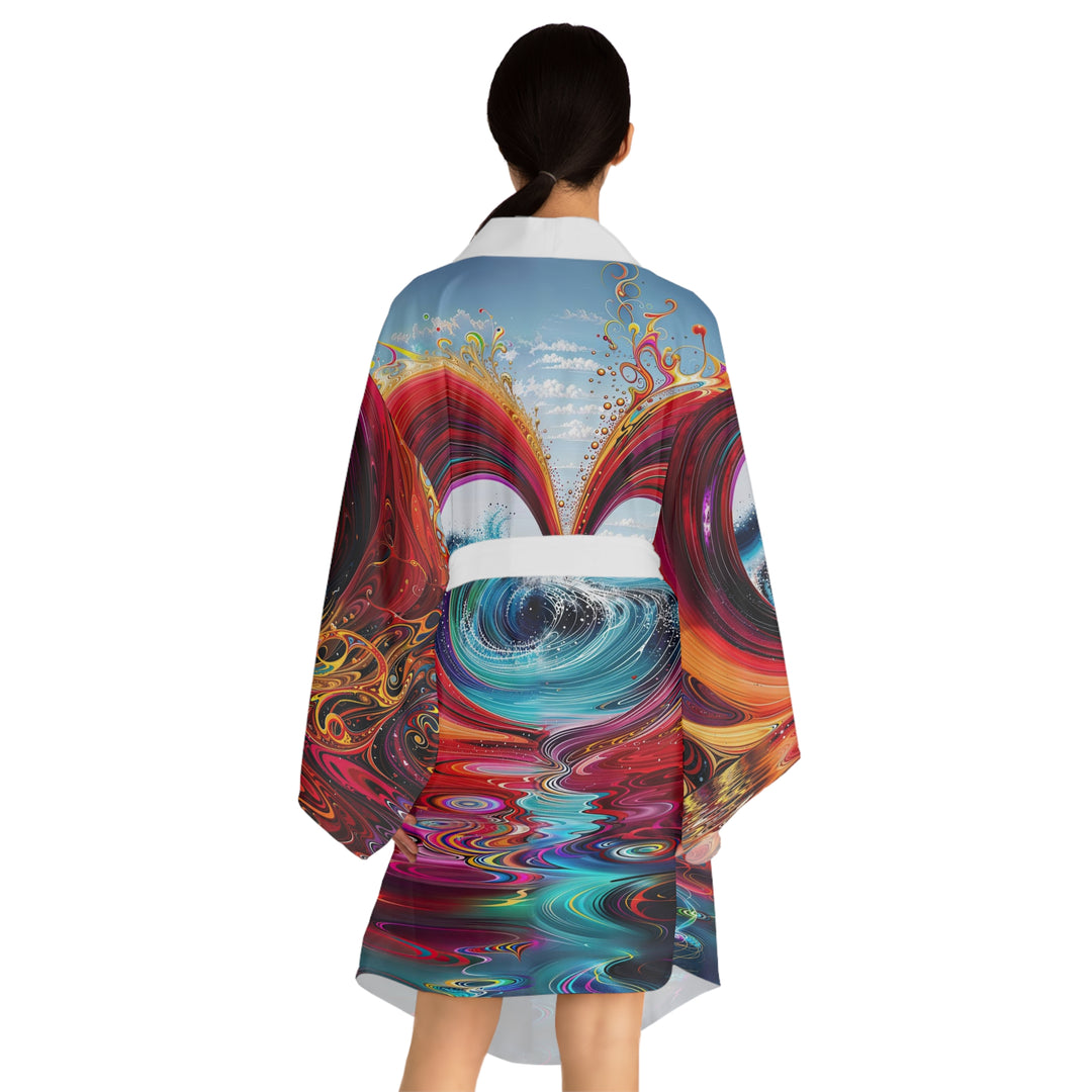 Vibrant Heart Waves - Long Sleeve Kimono Robe