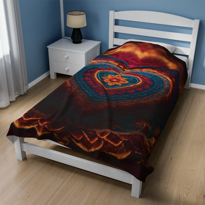 Embroidered Textile Heart -  Velveteen Plush Blanket