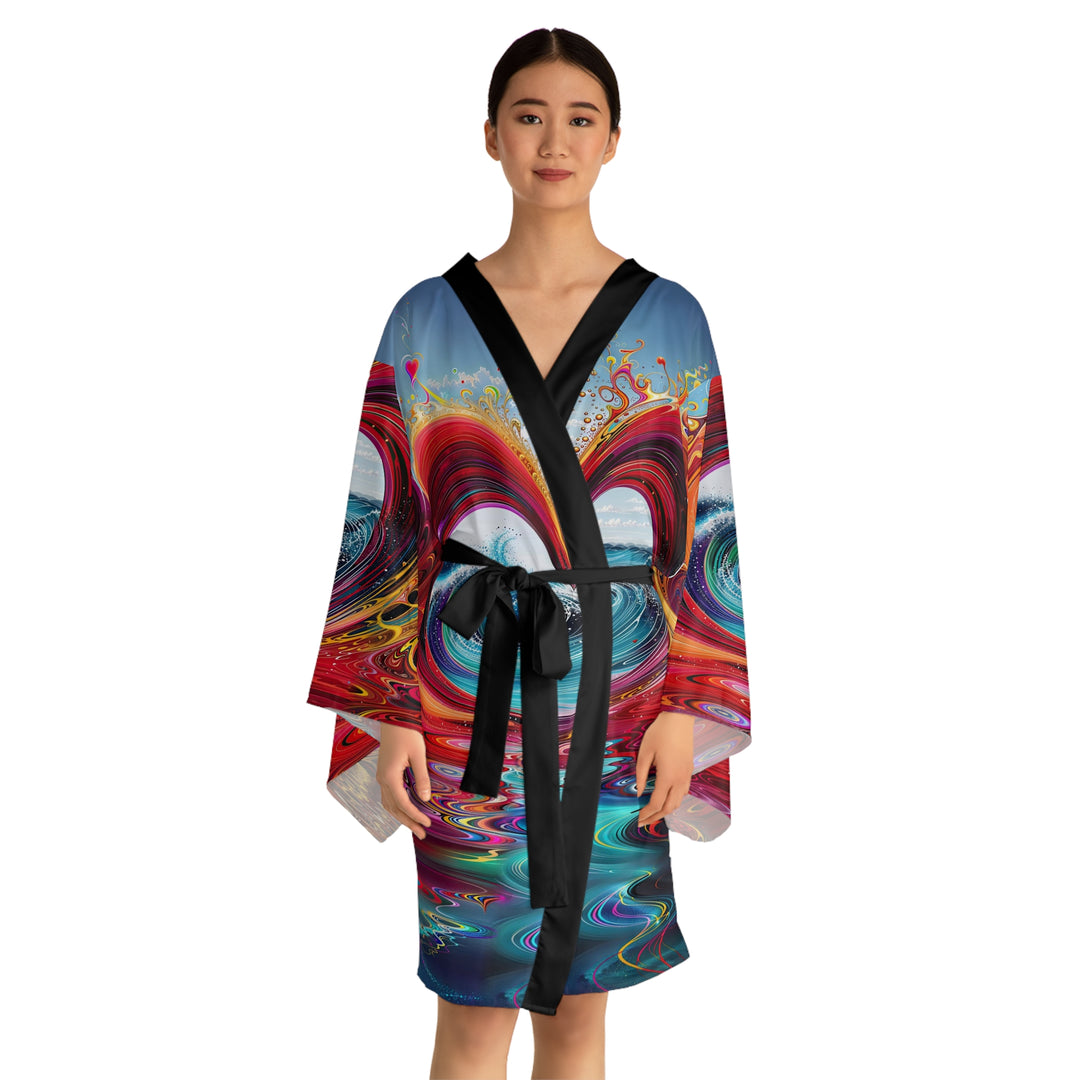 Vibrant Heart Waves - Long Sleeve Kimono Robe