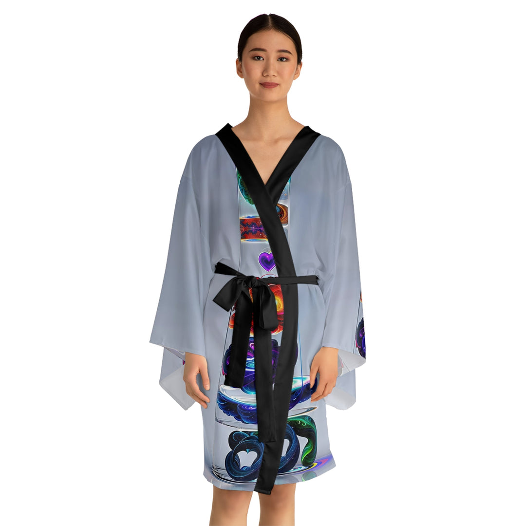 Abstract Chromatic Hearts - Long Sleeve Kimono Robe - All Over Prints - g(0D·IO) - XS - Black -