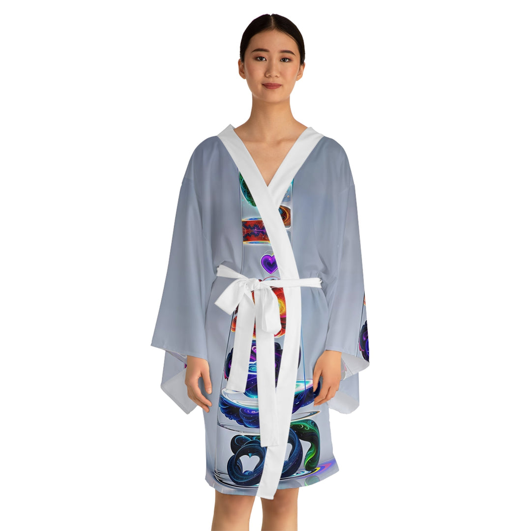 Abstract Chromatic Hearts - Long Sleeve Kimono Robe - All Over Prints - g(0D·IO) - XS - Black -