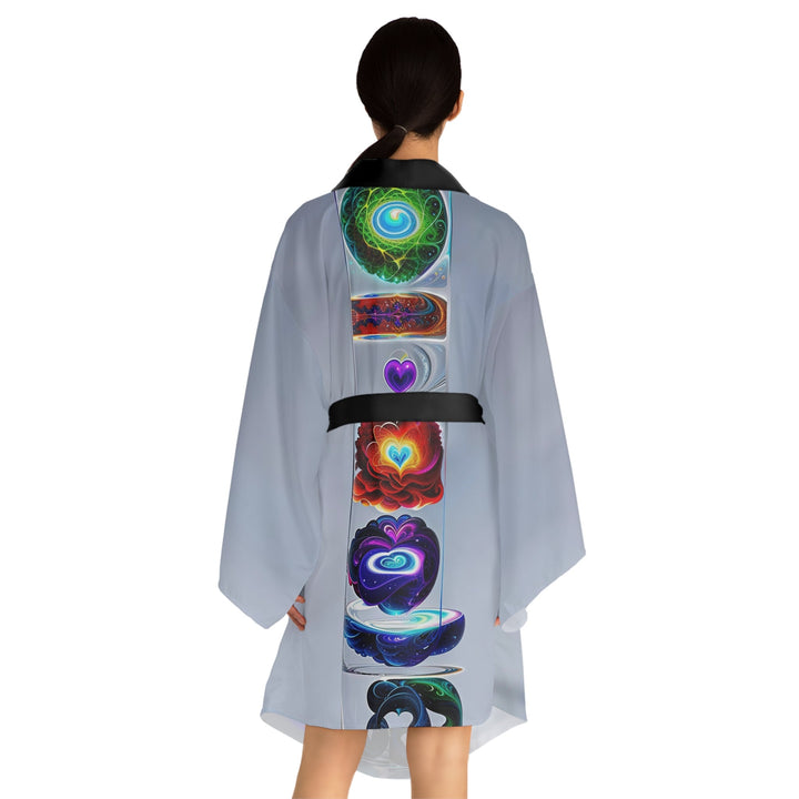 Abstract Chromatic Hearts - Long Sleeve Kimono Robe - All Over Prints - g(0D·IO) - XS - Black -