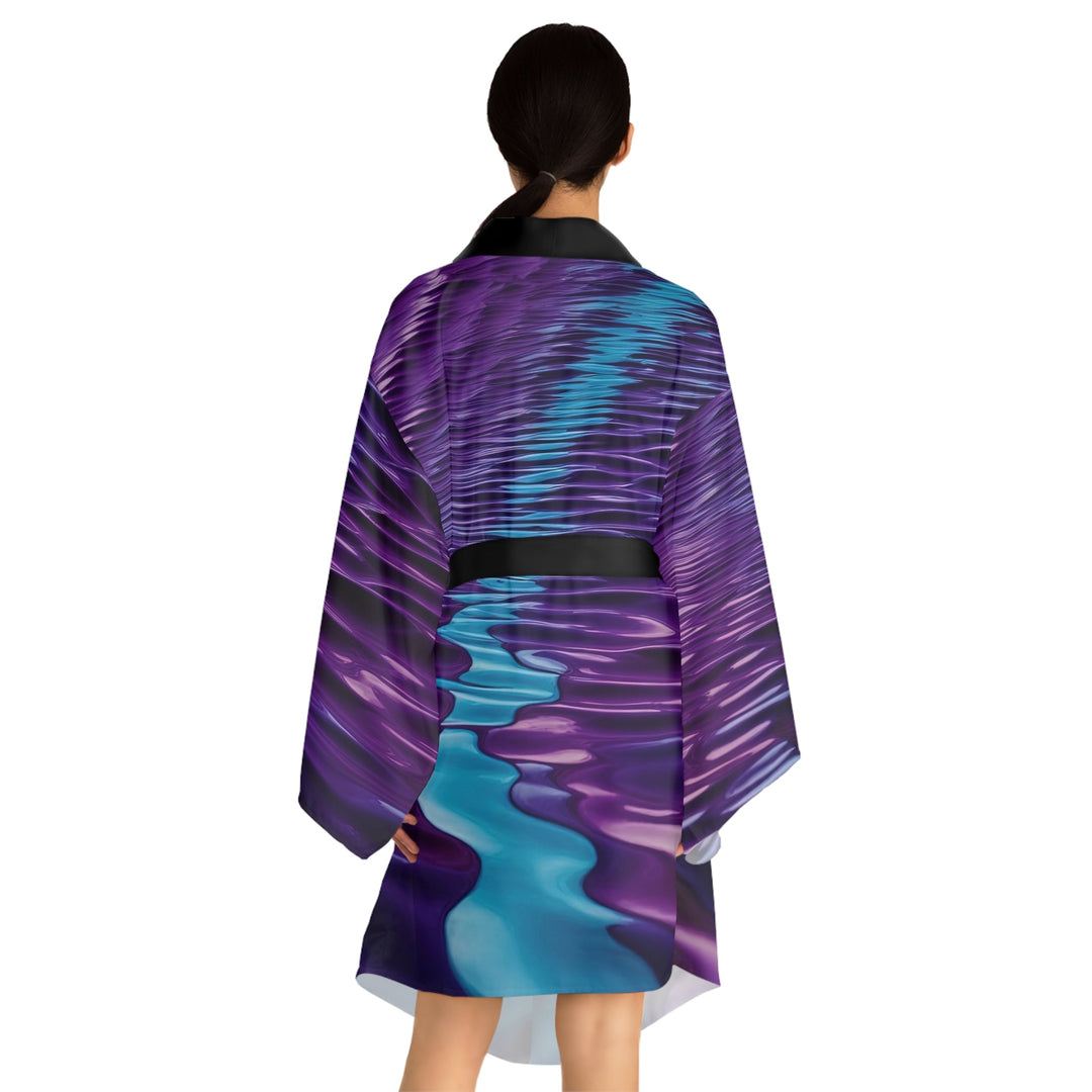 Amethyst Waves Illusion - Long Sleeve Kimono Robe - All Over Prints - g(0D·IO) - XS - Black -