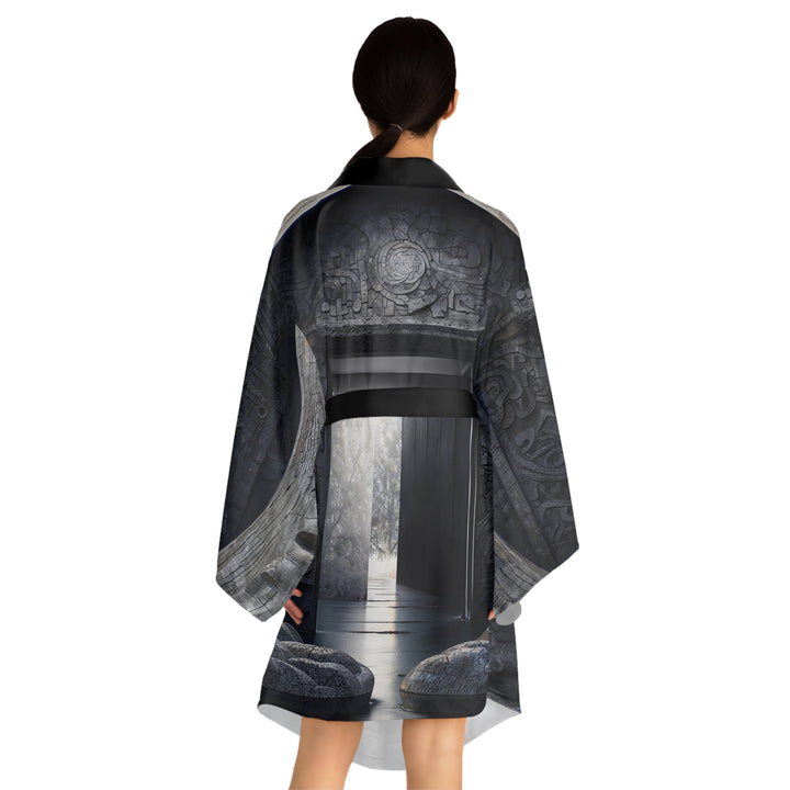 Ancient Gateway Contrast - Long Sleeve Kimono Robe - All Over Prints - g(0D·IO) - XS - Black -