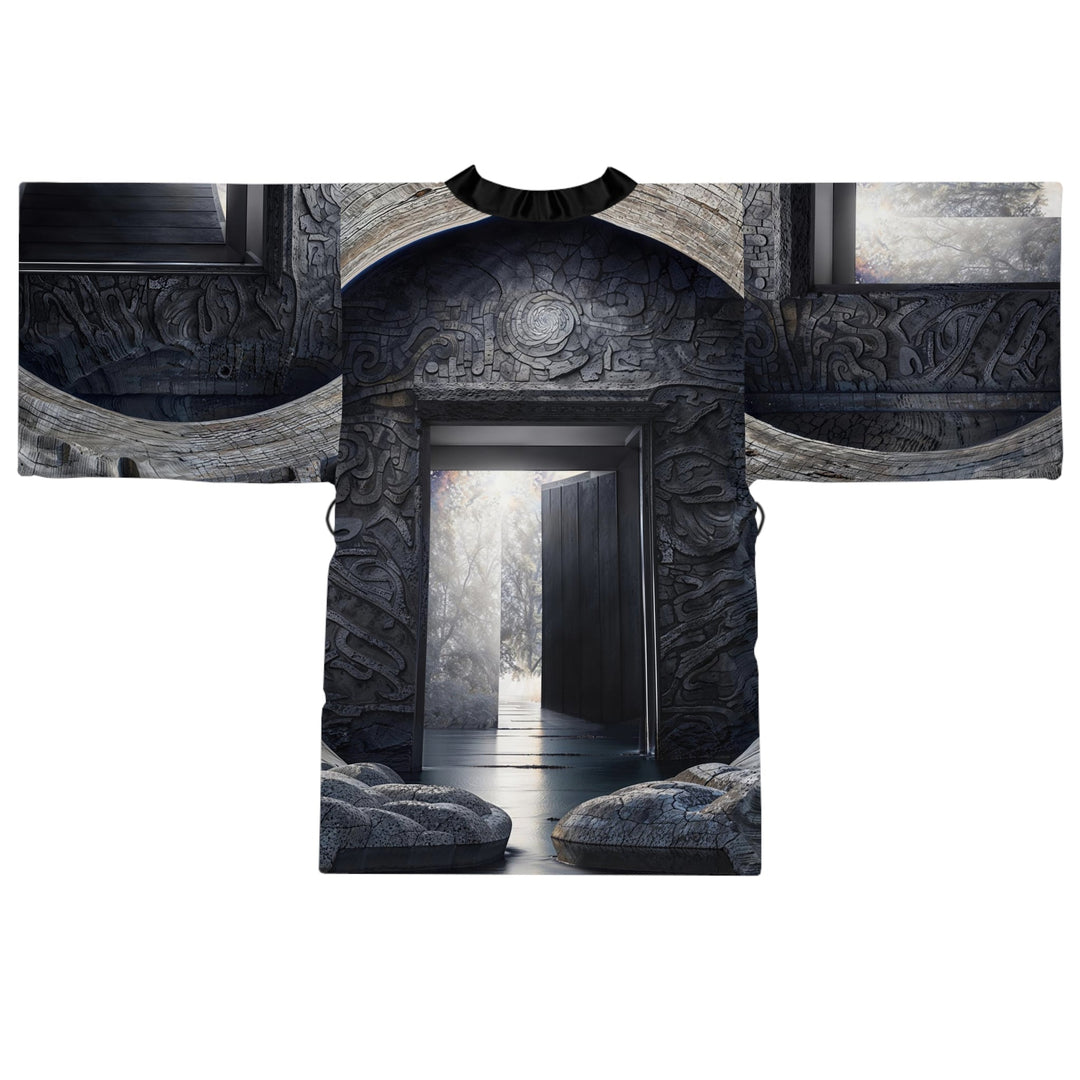 Ancient Gateway Contrast - Long Sleeve Kimono Robe - All Over Prints - g(0D·IO) - XS - Black -