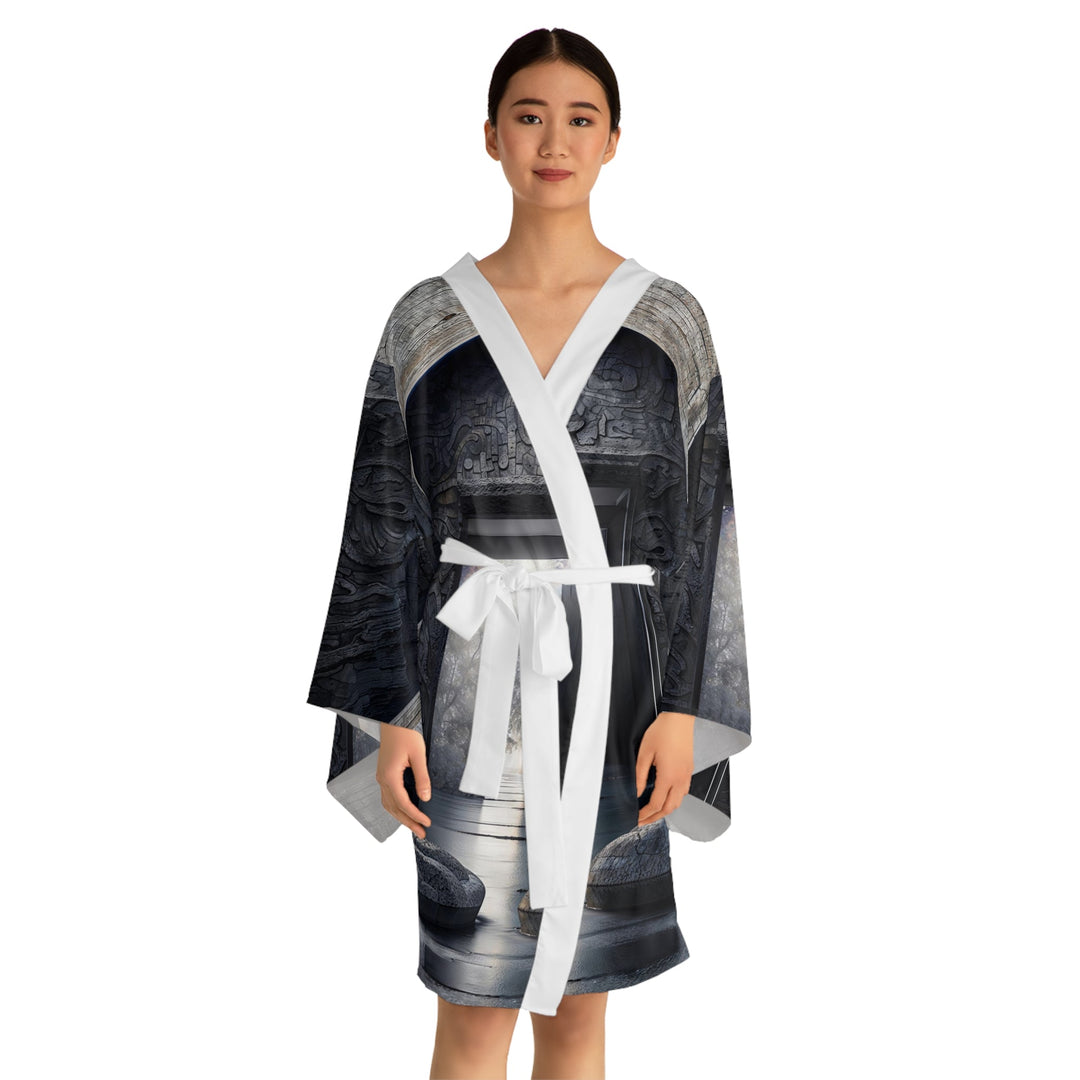 Ancient Gateway Contrast - Long Sleeve Kimono Robe - All Over Prints - g(0D·IO) - XS - Black -