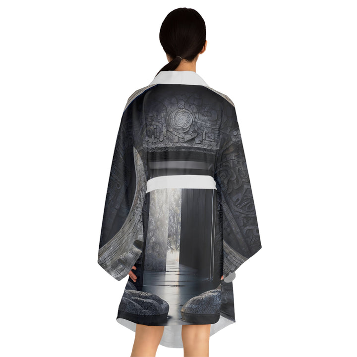 Ancient Gateway Contrast - Long Sleeve Kimono Robe - All Over Prints - g(0D·IO) - XS - Black -