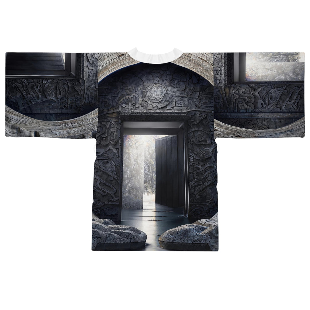 Ancient Gateway Contrast - Long Sleeve Kimono Robe - All Over Prints - g(0D·IO) - XS - Black -