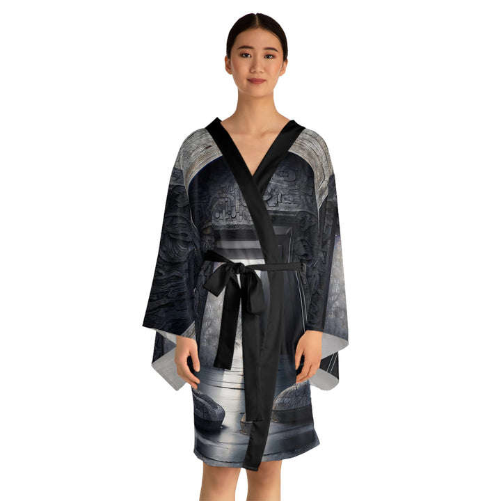 Ancient Gateway Contrast - Long Sleeve Kimono Robe - All Over Prints - g(0D·IO) - XS - Black -