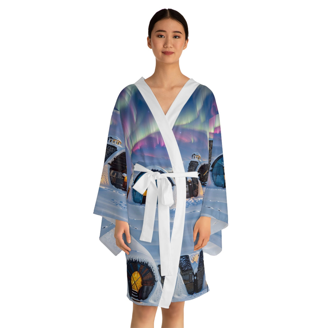 Auroral Arctic Abodes - Long Sleeve Kimono Robe - All Over Prints - g(0D·IO) - XS - Black -