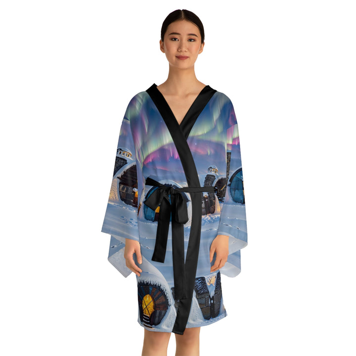 Auroral Arctic Abodes - Long Sleeve Kimono Robe - All Over Prints - g(0D·IO) - XS - Black -