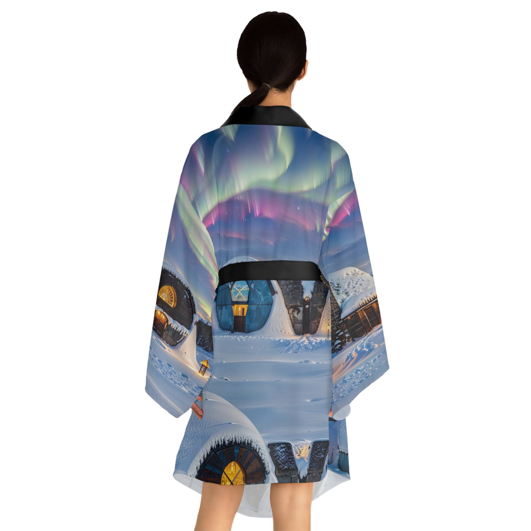 Auroral Arctic Abodes - Long Sleeve Kimono Robe - All Over Prints - g(0D·IO) - XS - Black -