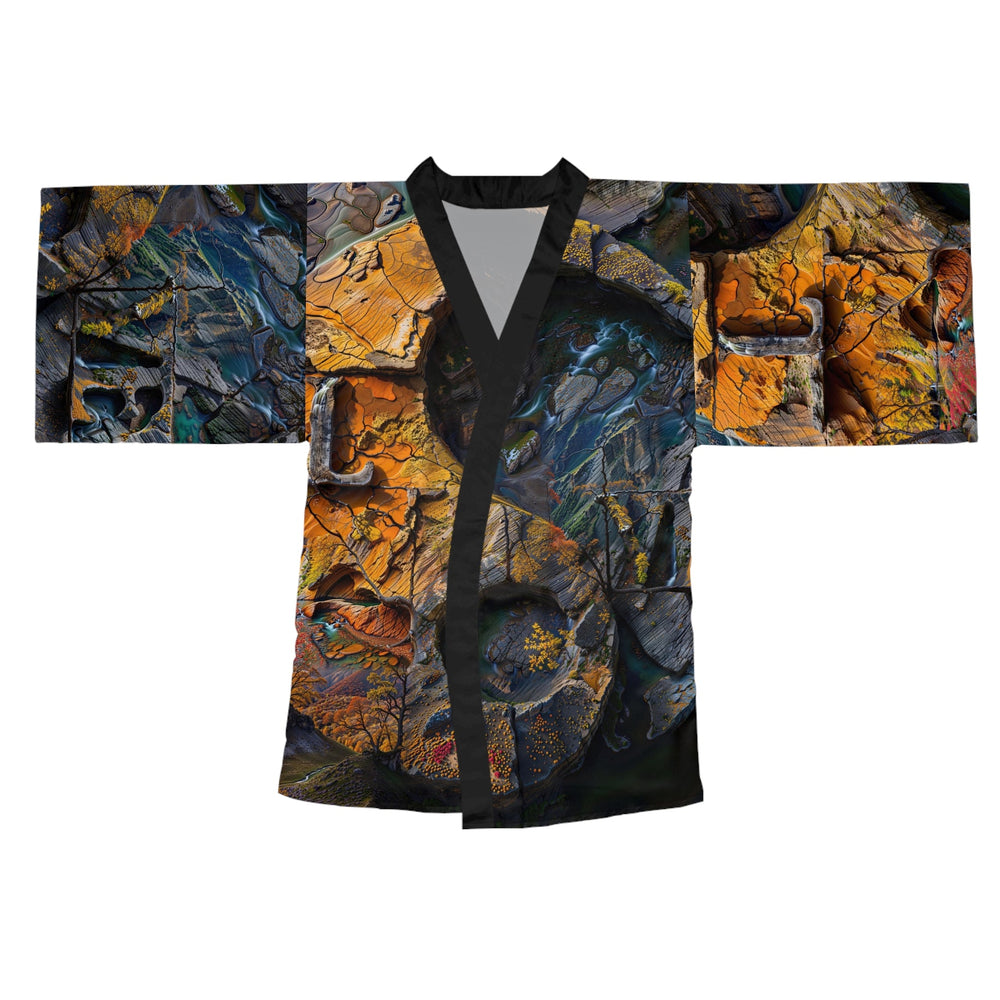 Autumn Geometric Contrast - Long Sleeve Kimono Robe - All Over Prints - g(0D·IO) - XS - Black -