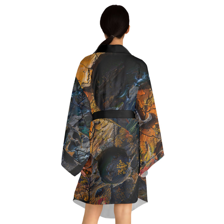 Autumn Geometric Contrast - Long Sleeve Kimono Robe - All Over Prints - g(0D·IO) - XS - Black -