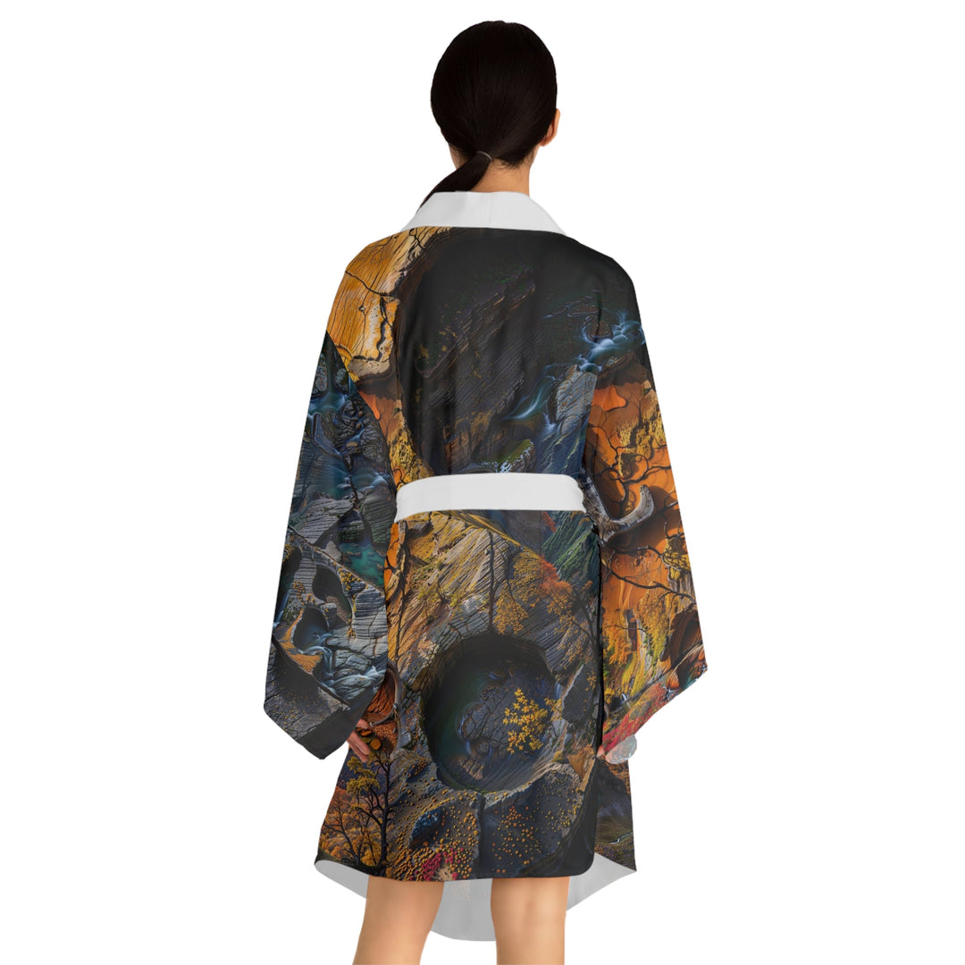 Autumn Geometric Contrast - Long Sleeve Kimono Robe - All Over Prints - g(0D·IO) - XS - Black -