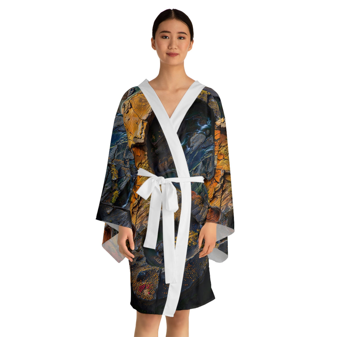 Autumn Geometric Contrast - Long Sleeve Kimono Robe - All Over Prints - g(0D·IO) - XS - Black -