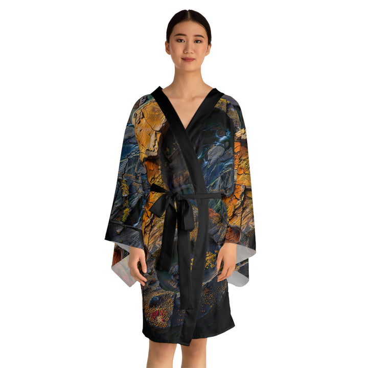 Autumn Geometric Contrast - Long Sleeve Kimono Robe - All Over Prints - g(0D·IO) - XS - Black -