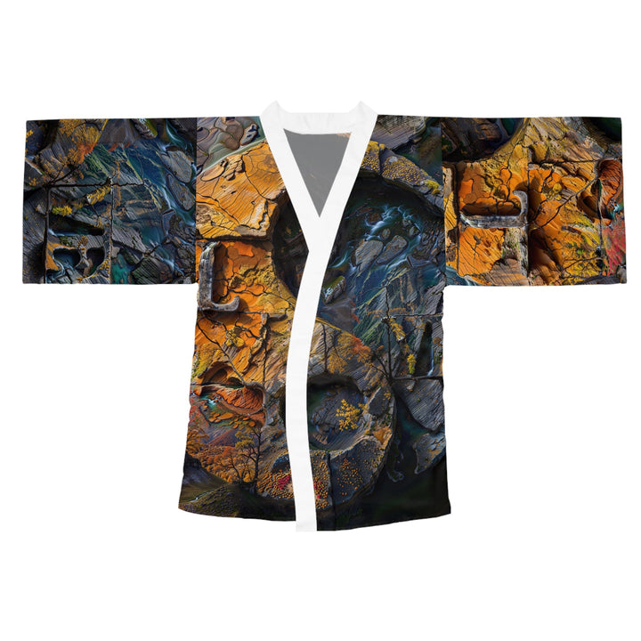 Autumn Geometric Contrast - Long Sleeve Kimono Robe - All Over Prints - g(0D·IO) - XS - White -