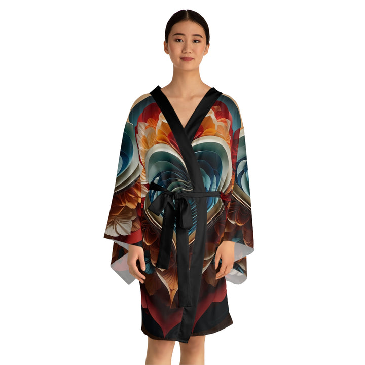 Blooming Heart Layers - Long Sleeve Kimono Robe - All Over Prints - g(0D·IO) - XS - Black -