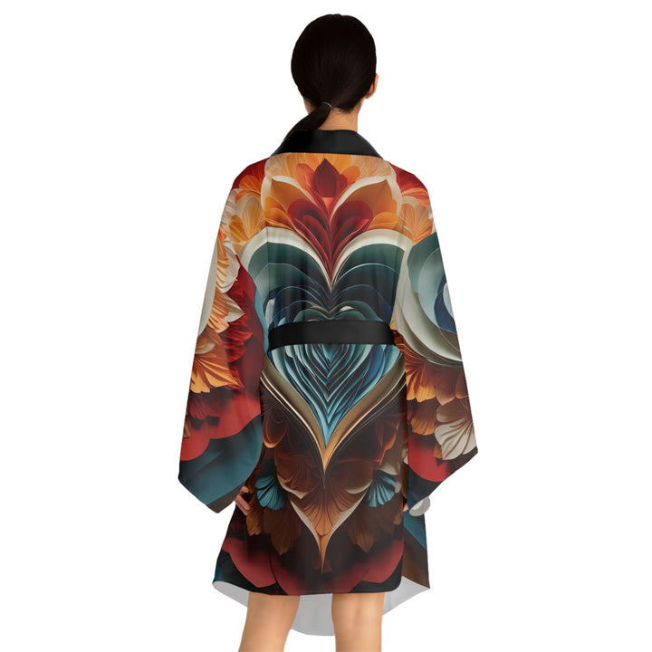 Blooming Heart Layers - Long Sleeve Kimono Robe - All Over Prints - g(0D·IO) - XS - Black -