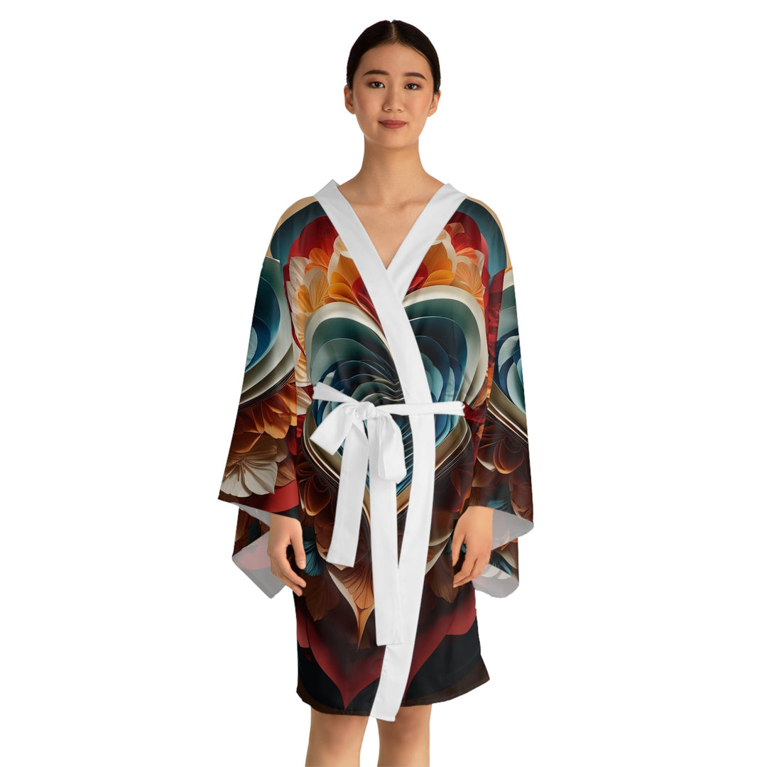 Blooming Heart Layers - Long Sleeve Kimono Robe - All Over Prints - g(0D·IO) - XS - Black -