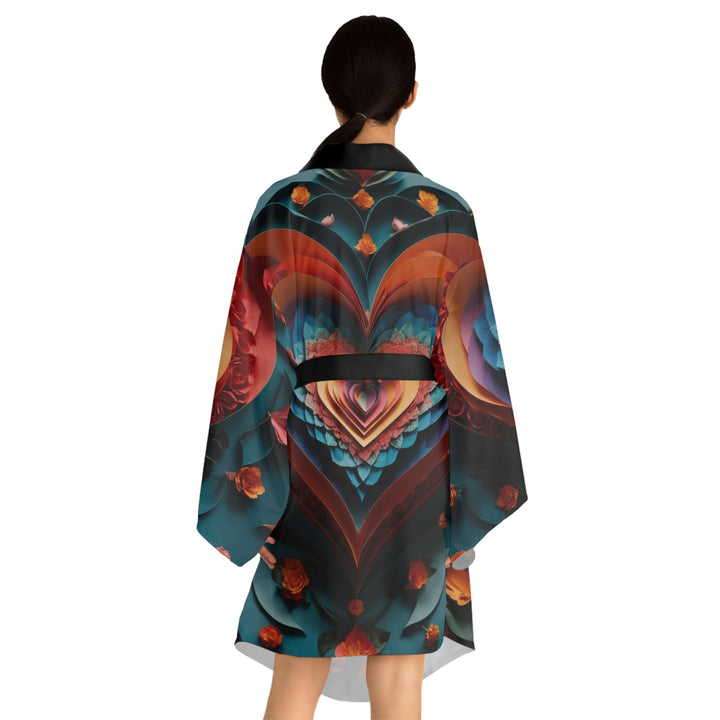 Blooming Heart Layers - Long Sleeve Kimono Robe - All Over Prints - g(0D·IO) - XS - Black -