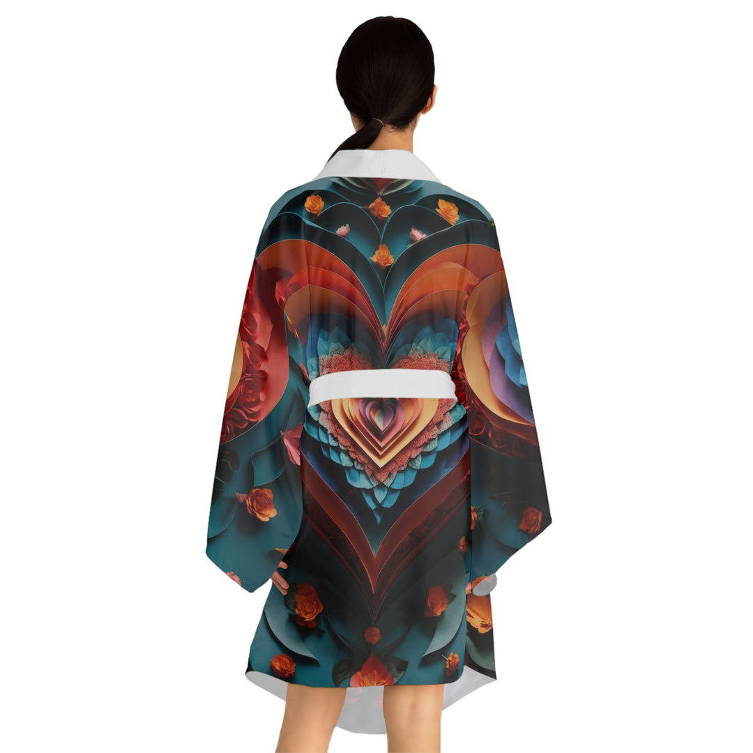 Blooming Heart Layers - Long Sleeve Kimono Robe - All Over Prints - g(0D·IO) - XS - Black -