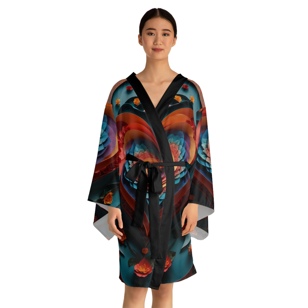 Blooming Heart Layers - Long Sleeve Kimono Robe - All Over Prints - g(0D·IO) - XS - Black -