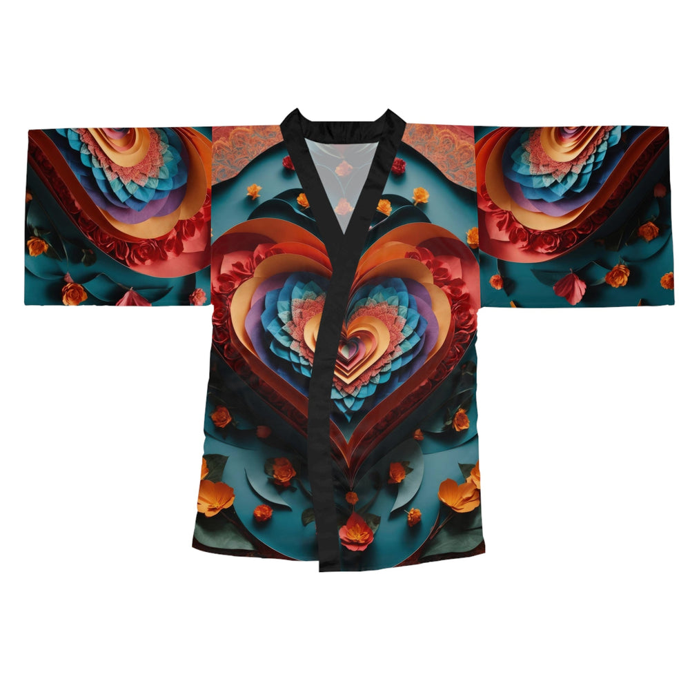 Blooming Heart Layers - Long Sleeve Kimono Robe - All Over Prints - g(0D·IO) - XS - Black -