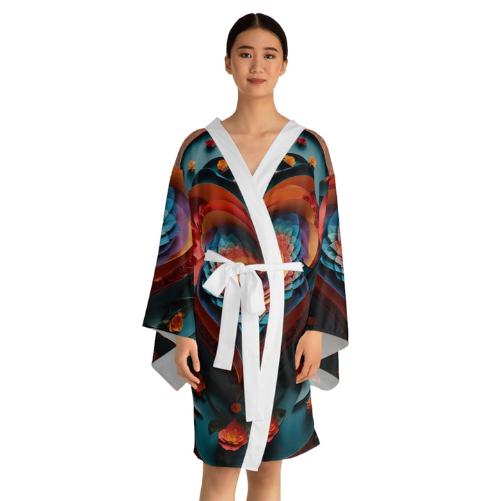 Blooming Heart Layers - Long Sleeve Kimono Robe - All Over Prints - g(0D·IO) - XS - Black -