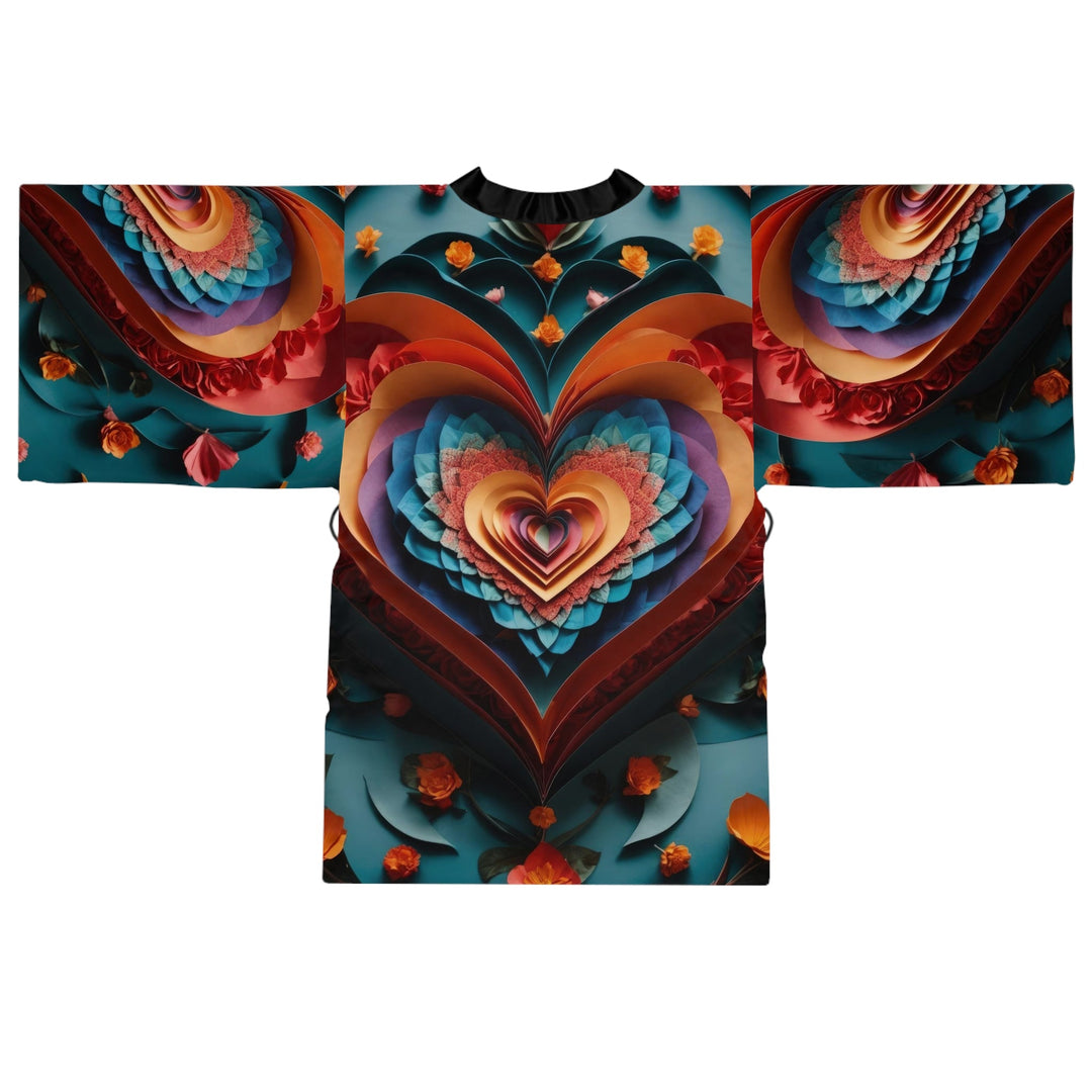 Blooming Heart Layers - Long Sleeve Kimono Robe - All Over Prints - g(0D·IO) - XS - Black -