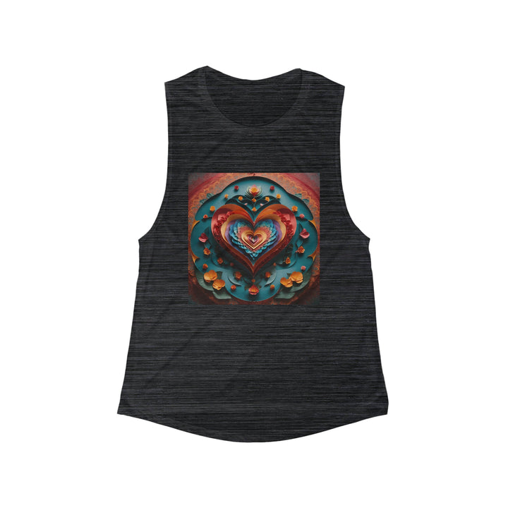 Blooming Heart Layers - Women's Flowy Scoop Muscle Tank - Tank Top - g(0D·IO) - S - Black Slub -