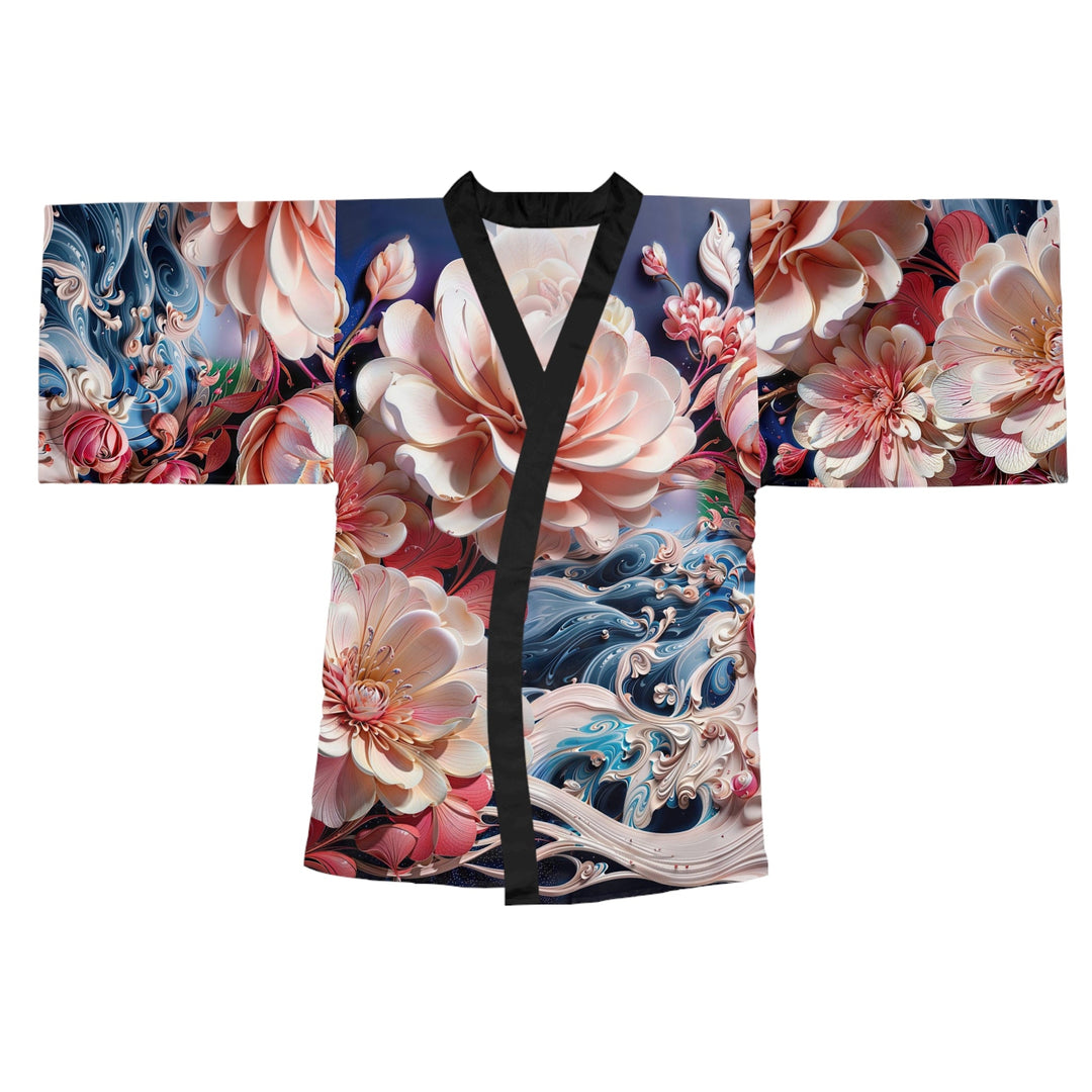 Blossoming Floral Symphony - Long Sleeve Kimono Robe - All Over Prints - g(0D·IO) - XS - Black -