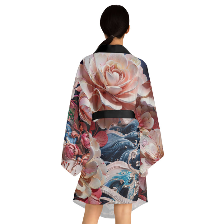 Blossoming Floral Symphony - Long Sleeve Kimono Robe - All Over Prints - g(0D·IO) - XS - Black -