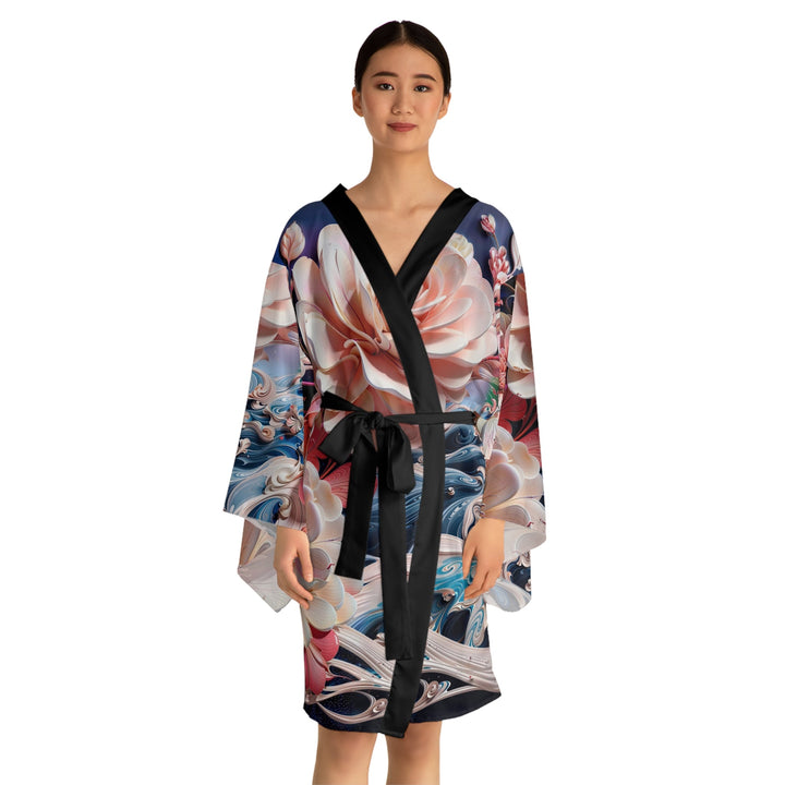 Blossoming Floral Symphony - Long Sleeve Kimono Robe - All Over Prints - g(0D·IO) - XS - Black -