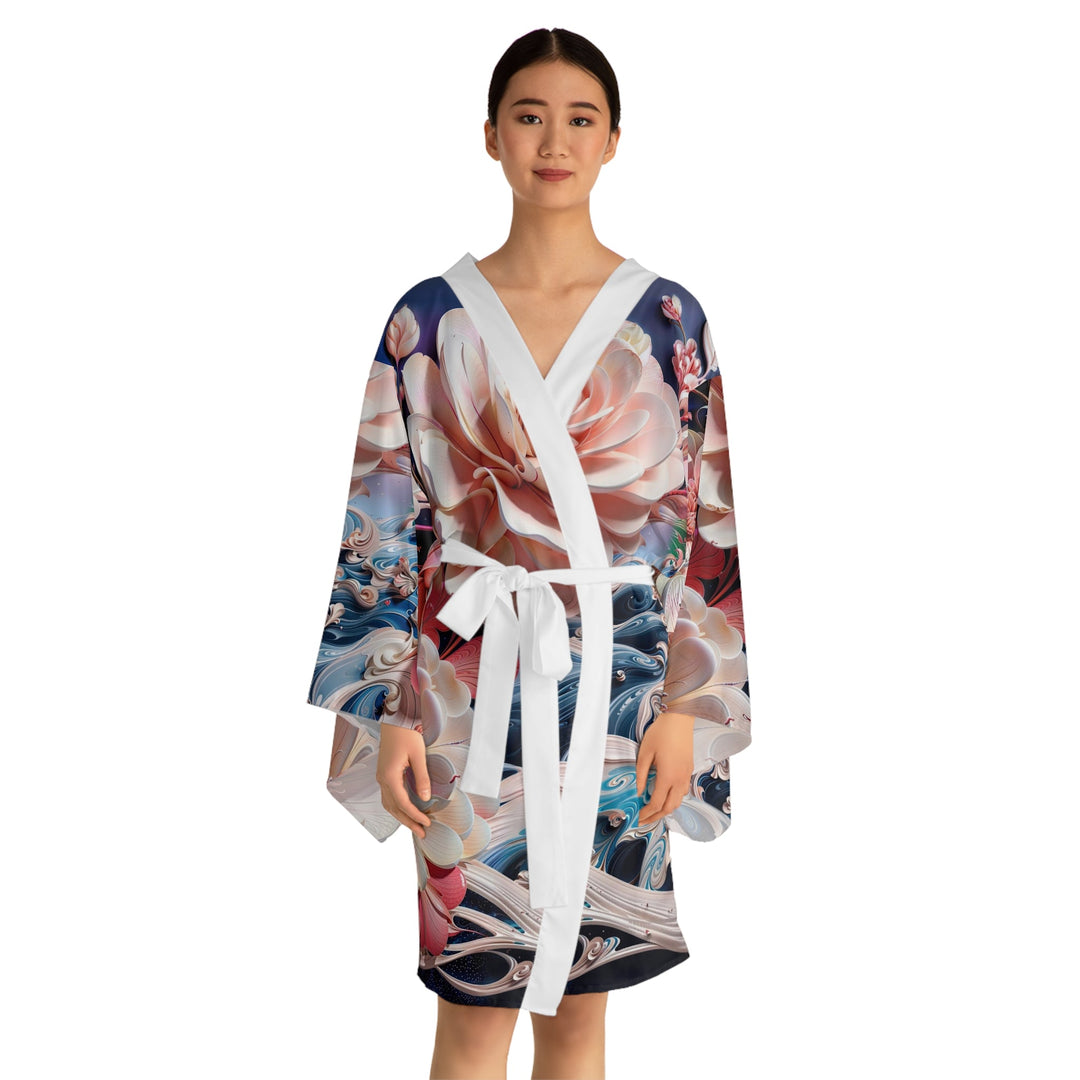 Blossoming Floral Symphony - Long Sleeve Kimono Robe - All Over Prints - g(0D·IO) - XS - Black -