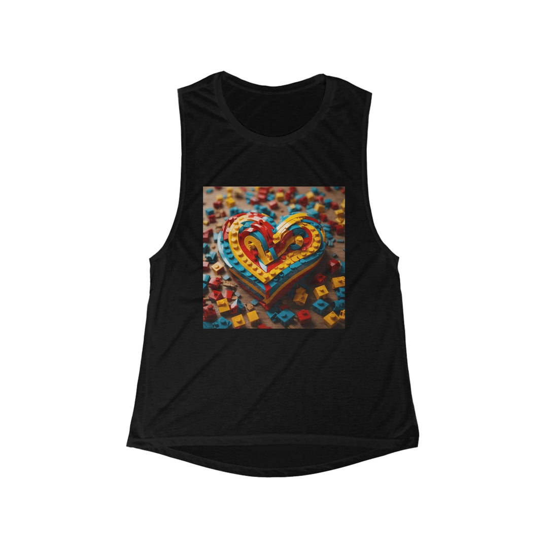 Colorful Bricks Heart - Women's Flowy Scoop Muscle Tank - Tank Top - g(0D·IO) - S - Black -