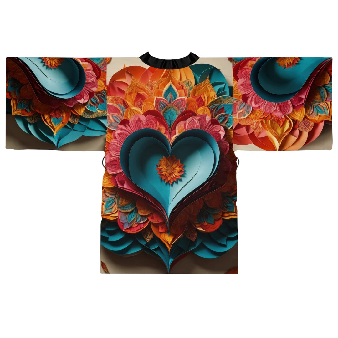 Colorful Heart Blossoms - Long Sleeve Kimono Robe - All Over Prints - g(0D·IO) - XS - Black -