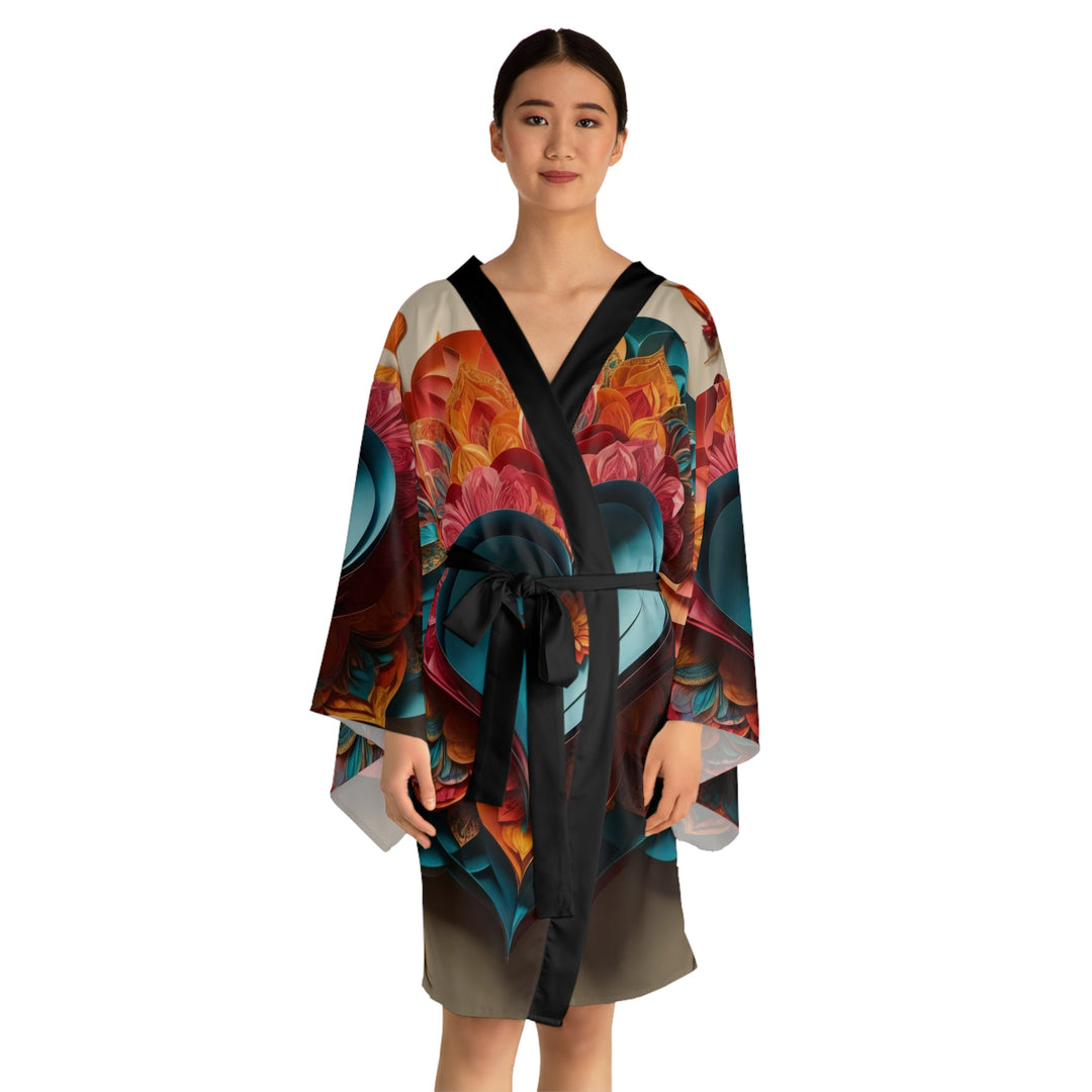 Colorful Heart Blossoms - Long Sleeve Kimono Robe - All Over Prints - g(0D·IO) - XS - Black -