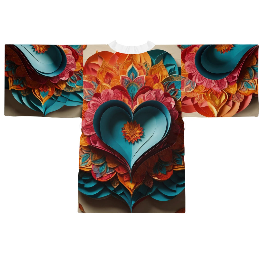 Colorful Heart Blossoms - Long Sleeve Kimono Robe - All Over Prints - g(0D·IO) - XS - Black -