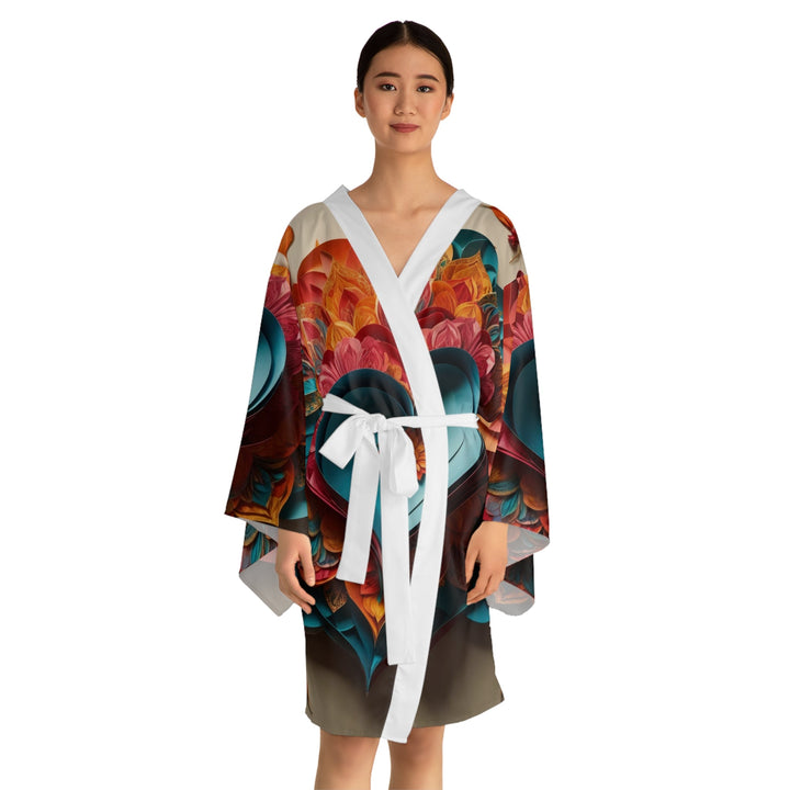 Colorful Heart Blossoms - Long Sleeve Kimono Robe - All Over Prints - g(0D·IO) - XS - Black -