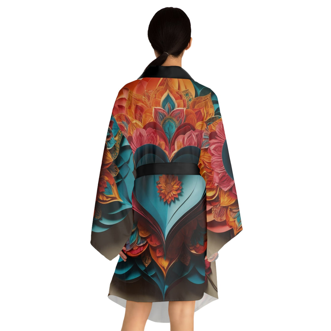 Colorful Heart Blossoms - Long Sleeve Kimono Robe - All Over Prints - g(0D·IO) - XS - Black -