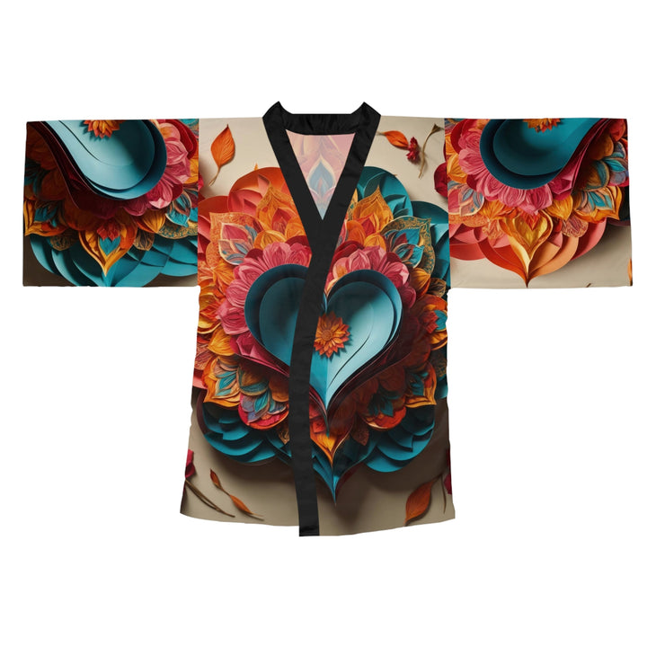 Colorful Heart Blossoms - Long Sleeve Kimono Robe - All Over Prints - g(0D·IO) - XS - Black -