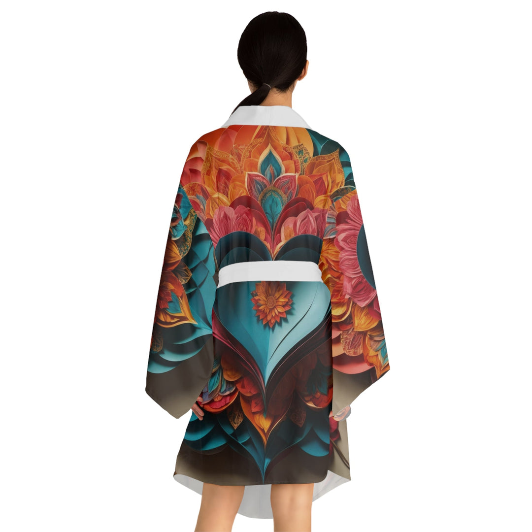 Colorful Heart Blossoms - Long Sleeve Kimono Robe - All Over Prints - g(0D·IO) - XS - Black -