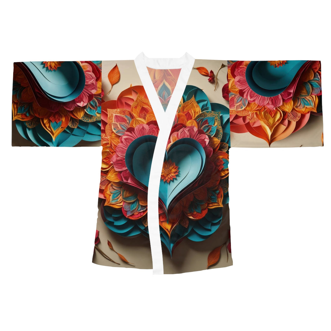 Colorful Heart Blossoms - Long Sleeve Kimono Robe - All Over Prints - g(0D·IO) - XS - White -