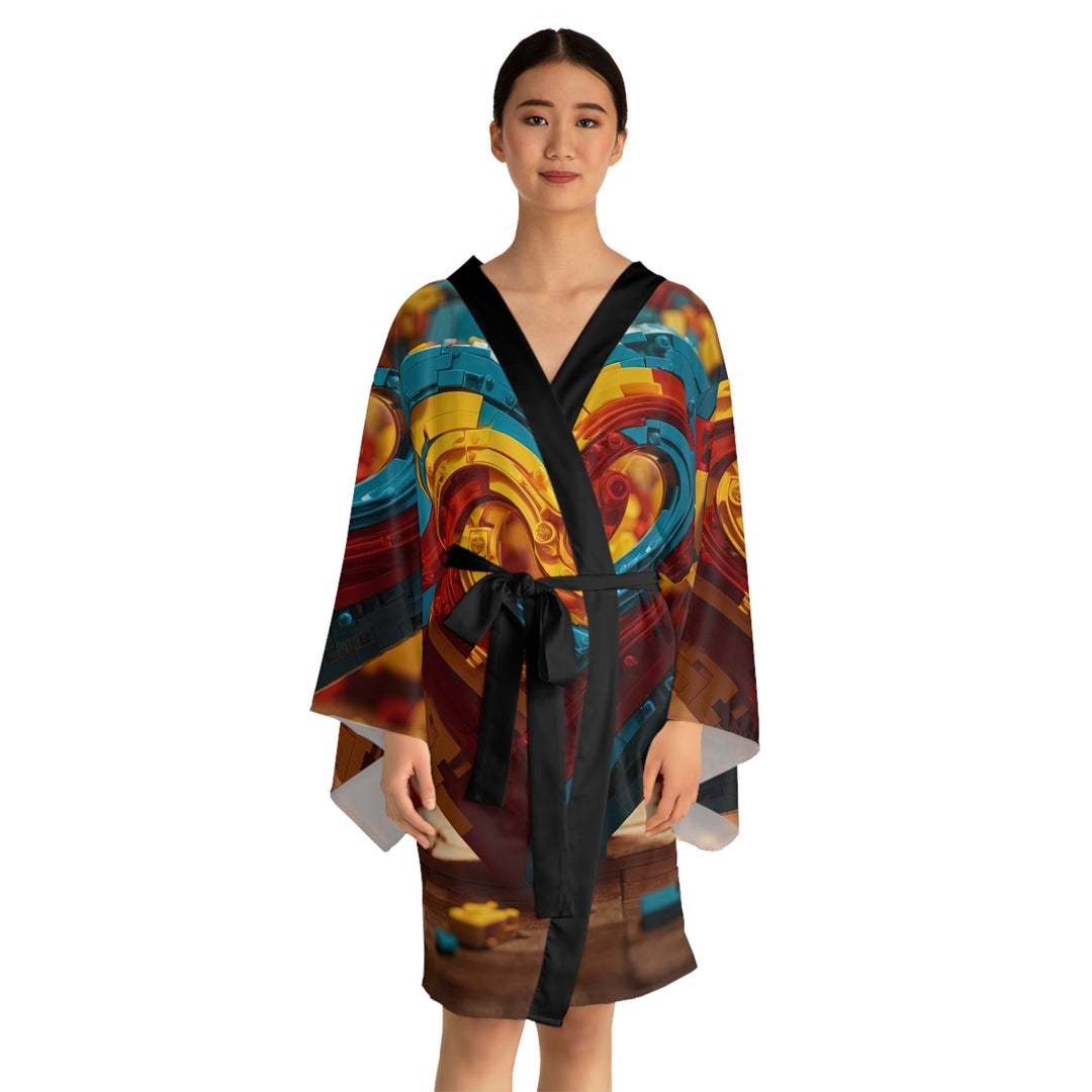 Colorful Heart Construction - Long Sleeve Kimono Robe - All Over Prints - g(0D·IO) - XS - Black -