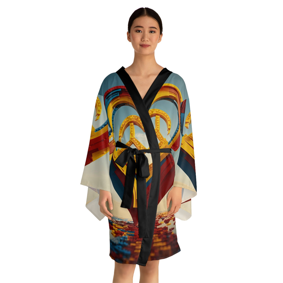 Colorful Heart Construction - Long Sleeve Kimono Robe - All Over Prints - g(0D·IO) - XS - Black -