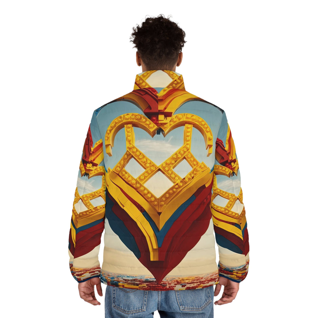 Colorful Heart Sculpture - Puffer Jacket - All Over Prints - g(0D·IO) - S - Black zipper -