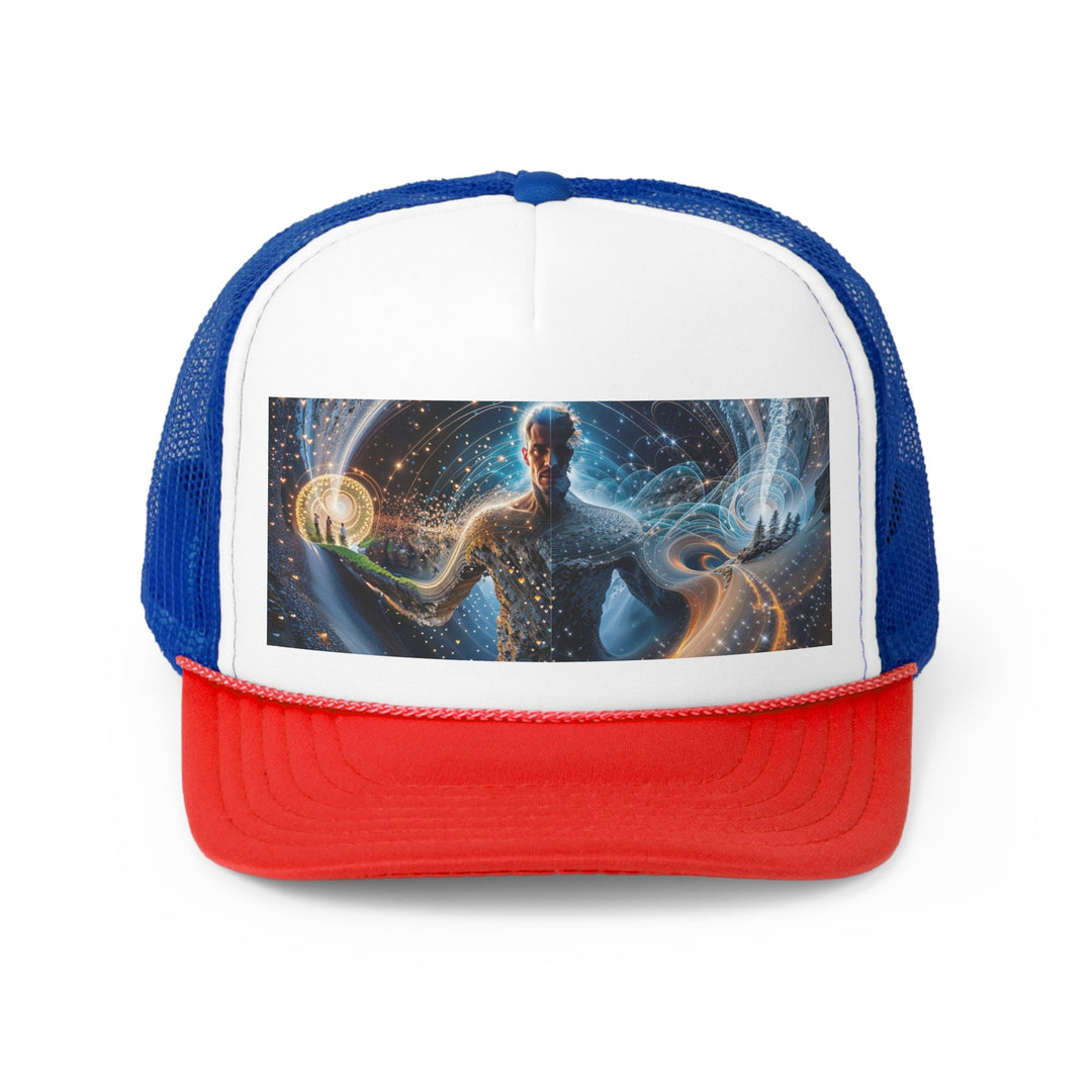 Cosmic Consciousness Cascade - Trucker Hat - Hats - g(0D·IO) - Blue/Red - One size -